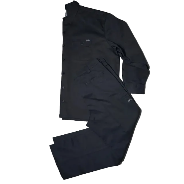 Black work suit with jacket and pants on a white background